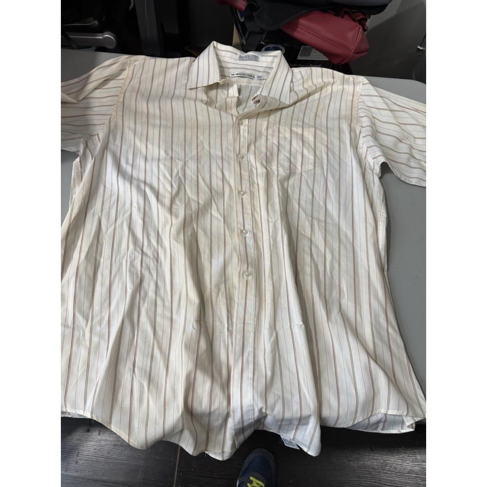 Members Only 90s Vtg White Brown Striped Short Sleeve Button Down Shirt 17.5 T